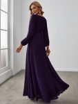 Elegant Chiffon V-Neckline Long Sleeve Formal Evening Dress – Dark Purple