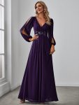 Elegant Chiffon V-Neckline Long Sleeve Formal Evening Dress – Dark Purple