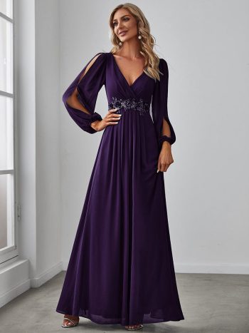 Elegant Chiffon V-Neckline Long Sleeve Formal Evening Dress - Dark Purple