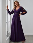 Elegant Chiffon V-Neckline Long Sleeve Formal Evening Dress – Dark Purple