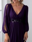 Elegant Chiffon V-Neckline Long Sleeve Formal Evening Dress – Dark Purple