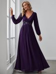 Elegant Chiffon V-Neckline Long Sleeve Formal Evening Dress – Dark Purple