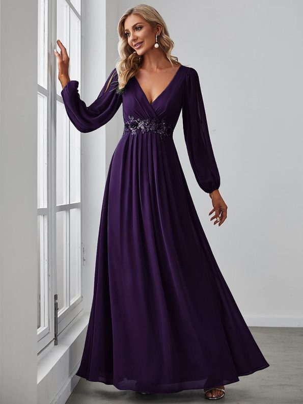 Elegant Chiffon V-Neckline Long Sleeve Formal Evening Dress - Dark Purple