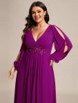 Elegant Chiffon V-Neckline Long Sleeve Formal Evening Dress – Fuchsia