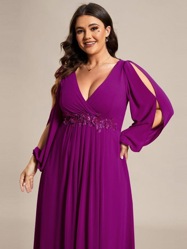 Elegant Chiffon V-Neckline Long Sleeve Formal Evening Dress - Fuchsia