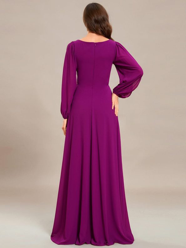 Elegant Chiffon V-Neckline Long Sleeve Formal Evening Dress - Fuchsia