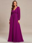 Elegant Chiffon V-Neckline Long Sleeve Formal Evening Dress – Fuchsia