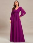 Elegant Chiffon V-Neckline Long Sleeve Formal Evening Dress – Fuchsia