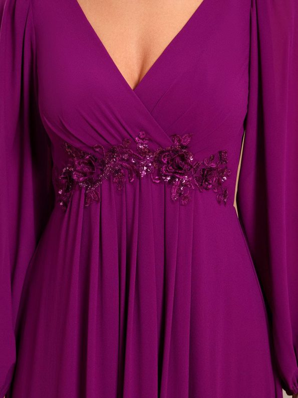 Elegant Chiffon V-Neckline Long Sleeve Formal Evening Dress - Fuchsia