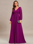 Elegant Chiffon V-Neckline Long Sleeve Formal Evening Dress – Fuchsia