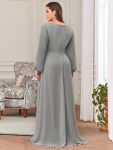 Elegant Chiffon V-Neckline Long Sleeve Formal Evening Dress – Grey