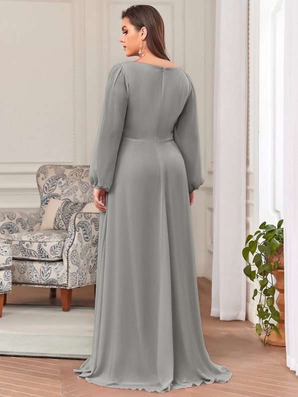 Elegant Chiffon V-Neckline Long Sleeve Formal Evening Dress - Grey