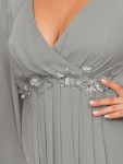 Elegant Chiffon V-Neckline Long Sleeve Formal Evening Dress – Grey