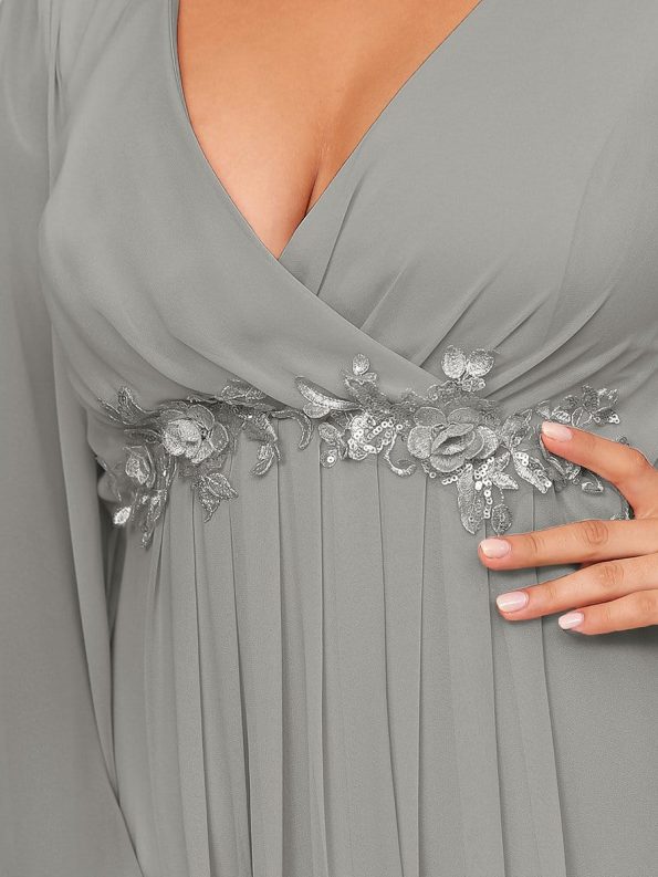 Elegant Chiffon V-Neckline Long Sleeve Formal Evening Dress - Grey