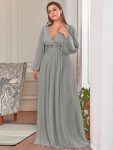 Elegant Chiffon V-Neckline Long Sleeve Formal Evening Dress – Grey