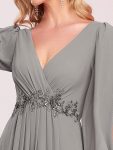 Elegant Chiffon V-Neckline Long Sleeve Formal Evening Dress – Grey