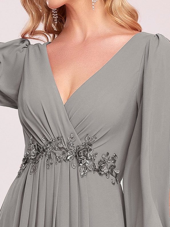 Elegant Chiffon V-Neckline Long Sleeve Formal Evening Dress - Grey