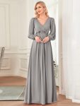 Elegant Chiffon V-Neckline Long Sleeve Formal Evening Dress – Grey