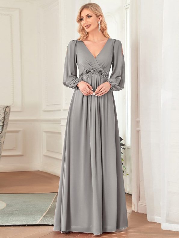 Elegant Chiffon V-Neckline Long Sleeve Formal Evening Dress - Grey