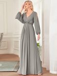 Elegant Chiffon V-Neckline Long Sleeve Formal Evening Dress – Grey