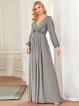 Elegant Chiffon V-Neckline Long Sleeve Formal Evening Dress – Grey