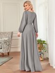 Elegant Chiffon V-Neckline Long Sleeve Formal Evening Dress – Grey