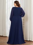 Elegant Chiffon V-Neckline Long Sleeve Formal Evening Dress – Navy Blue