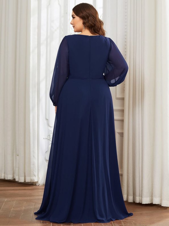 Elegant Chiffon V-Neckline Long Sleeve Formal Evening Dress - Navy Blue