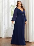 Elegant Chiffon V-Neckline Long Sleeve Formal Evening Dress – Navy Blue