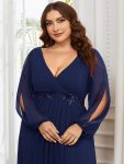 Elegant Chiffon V-Neckline Long Sleeve Formal Evening Dress – Navy Blue