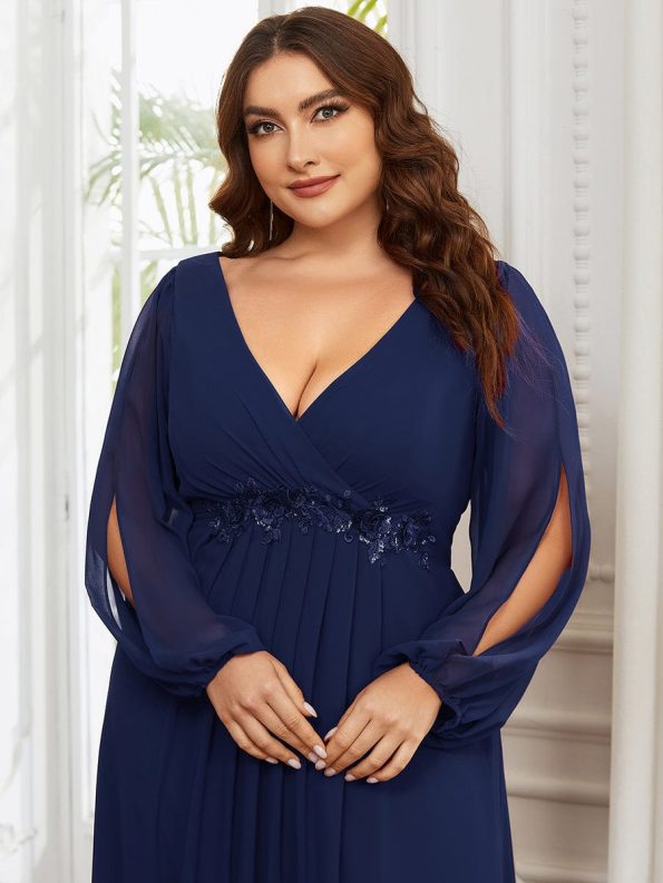 Elegant Chiffon V-Neckline Long Sleeve Formal Evening Dress - Navy Blue