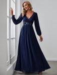 Elegant Chiffon V-Neckline Long Sleeve Formal Evening Dress – Navy Blue