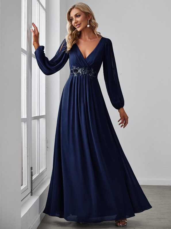 Elegant Chiffon V-Neckline Long Sleeve Formal Evening Dress - Navy Blue