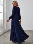 Elegant Chiffon V-Neckline Long Sleeve Formal Evening Dress – Navy Blue