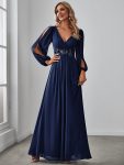 Elegant Chiffon V-Neckline Long Sleeve Formal Evening Dress – Navy Blue