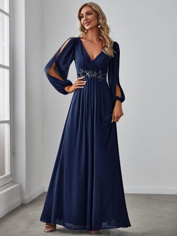 Elegant Chiffon V-Neckline Long Sleeve Formal Evening Dress - Navy Blue