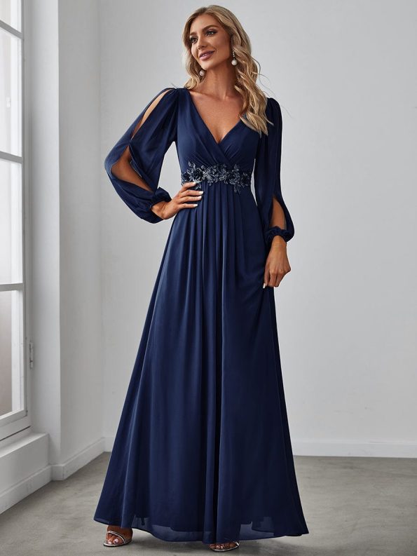 Elegant Chiffon V-Neckline Long Sleeve Formal Evening Dress - Navy Blue