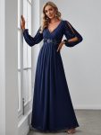 Elegant Chiffon V-Neckline Long Sleeve Formal Evening Dress – Navy Blue