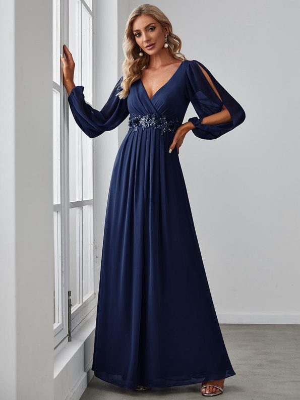 Elegant Chiffon V-Neckline Long Sleeve Formal Evening Dress - Navy Blue