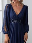 Elegant Chiffon V-Neckline Long Sleeve Formal Evening Dress – Navy Blue