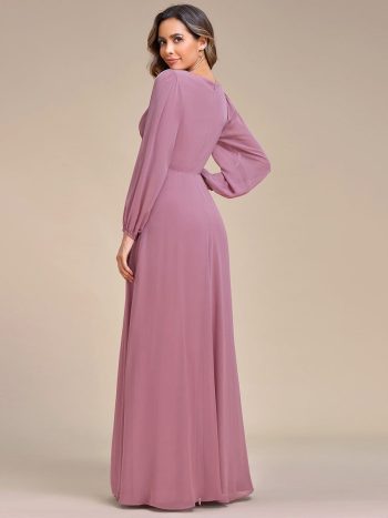 Elegant Chiffon V-Neckline Long Sleeve Formal Evening Dress - Purple Orchid