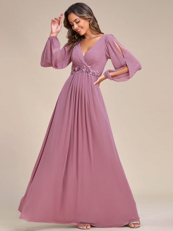 Elegant Chiffon V-Neckline Long Sleeve Formal Evening Dress - Purple Orchid