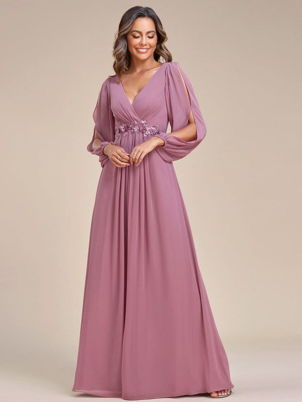 Elegant Chiffon V-Neckline Long Sleeve Formal Evening Dress - Purple Orchid