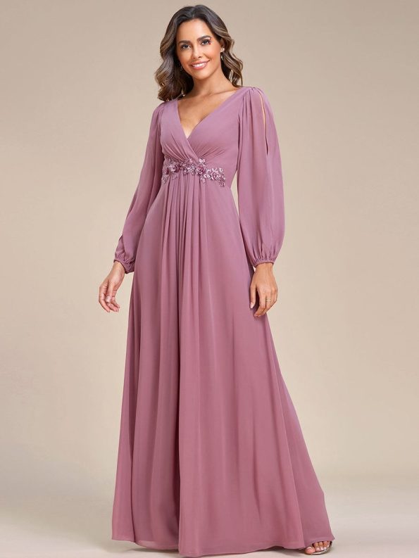 Elegant Chiffon V-Neckline Long Sleeve Formal Evening Dress - Purple Orchid