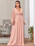 Elegant Chiffon V-Neckline Long Sleeve Formal Evening Dress – Pink