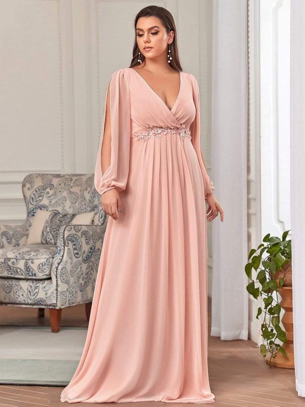 Elegant Chiffon V-Neckline Long Sleeve Formal Evening Dress - Pink