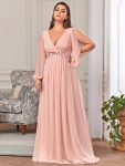 Elegant Chiffon V-Neckline Long Sleeve Formal Evening Dress – Pink