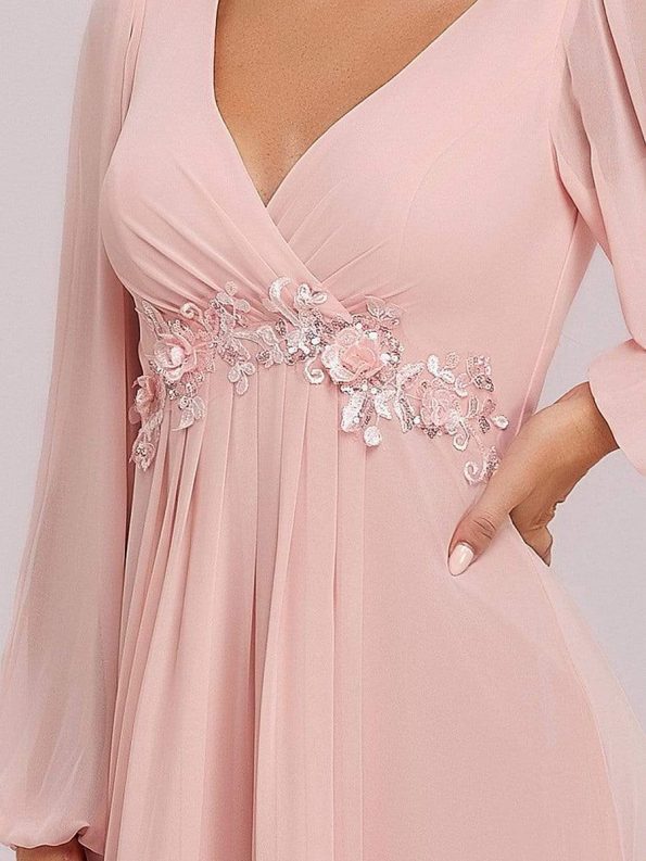 Elegant Chiffon V-Neckline Long Sleeve Formal Evening Dress - Pink