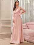 Elegant Chiffon V-Neckline Long Sleeve Formal Evening Dress – Pink