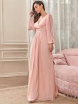 Elegant Chiffon V-Neckline Long Sleeve Formal Evening Dress – Pink